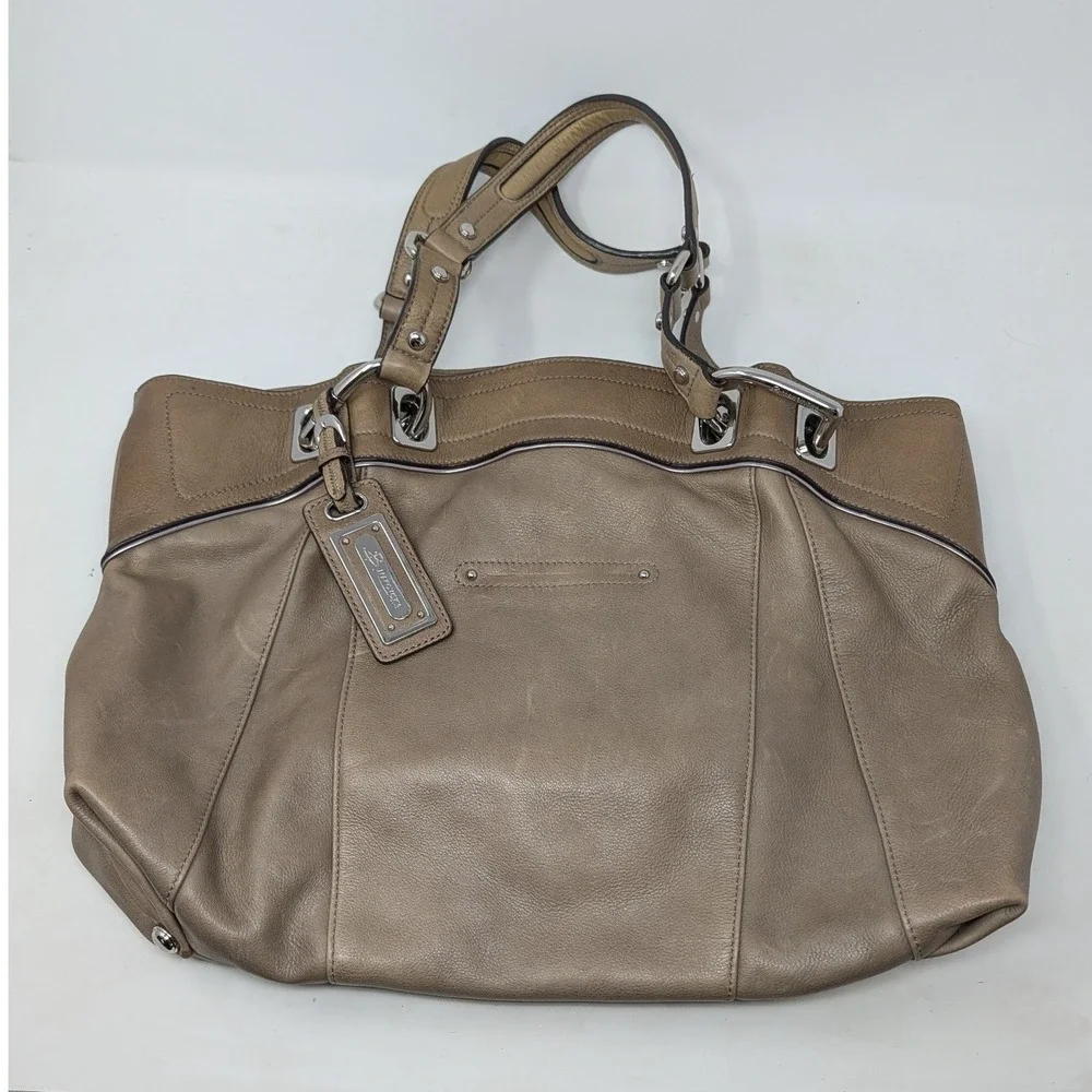 B. Makowsky Taupe Leather Hobo Bag Leopard Print Lining Silver Hardware Large